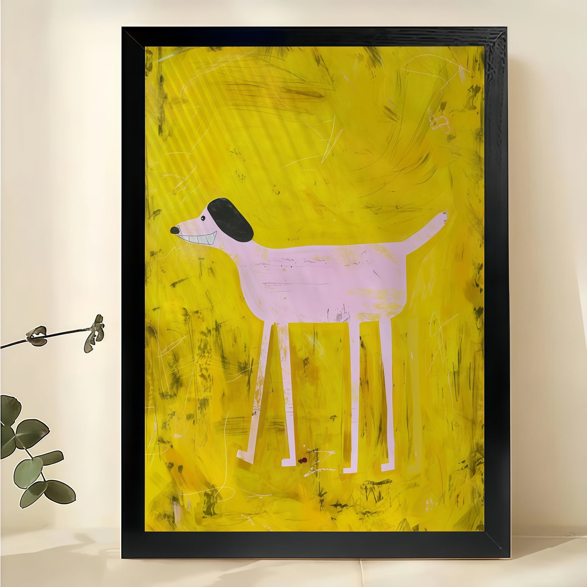 Pink Dog on Yellow Background Wall Art – Minimalist Folk Art Dog Canvas Print on Natural Wood Frame