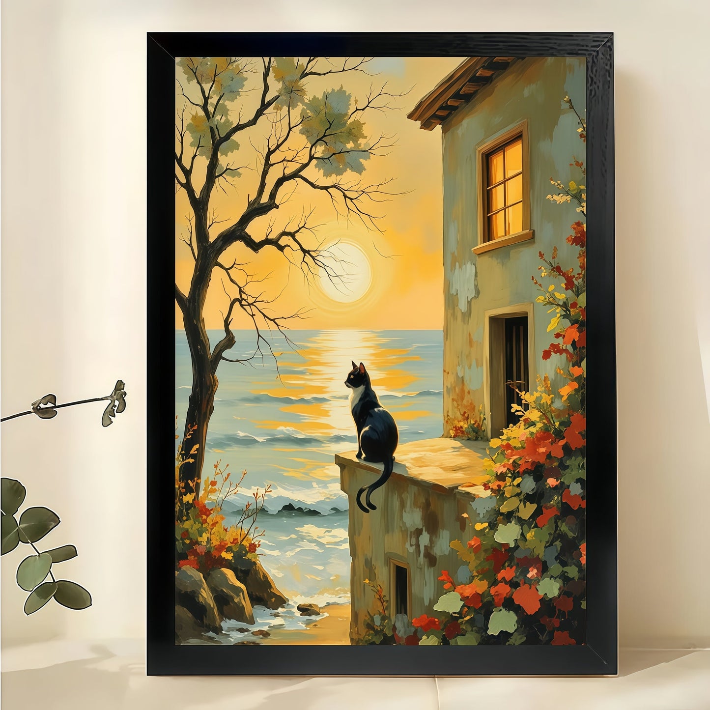 Black Black Cat at Sunset Coast – Serene Coastal Landscape Wall Art on Natural Wood Canvas