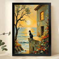 Black Black Cat at Sunset Coast – Serene Coastal Landscape Wall Art on Natural Wood Canvas