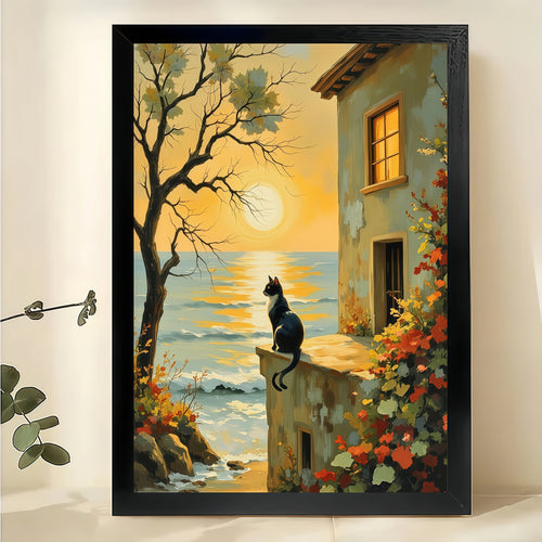 Black Black Cat at Sunset Coast – Serene Coastal Landscape Wall Art on Natural Wood Canvas