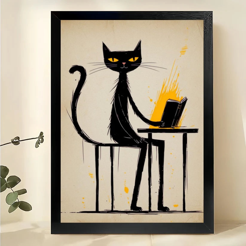 Black Cat Working on Laptop – Minimalist Office Cat Wall Art on Natural Wood Canvas