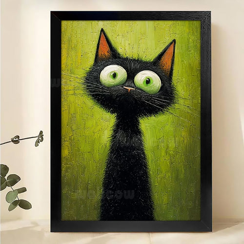 The Big-Eyed Black Cat – Cute Cartoon Wall Art on Natural Wood Canvas