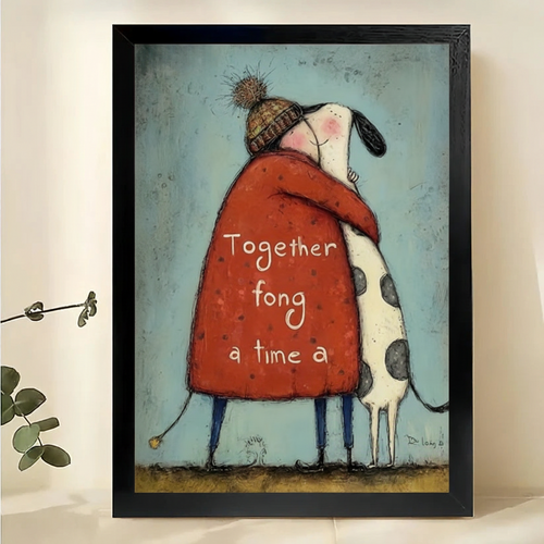 "Together For A Long Time" Dog Hug Wall Art – Sweet Folk Art Canvas Print on Natural Wood Frame