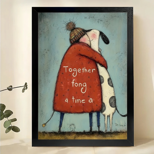 "Together For A Long Time" Dog Hug Wall Art – Sweet Folk Art Canvas Print on Natural Wood Frame