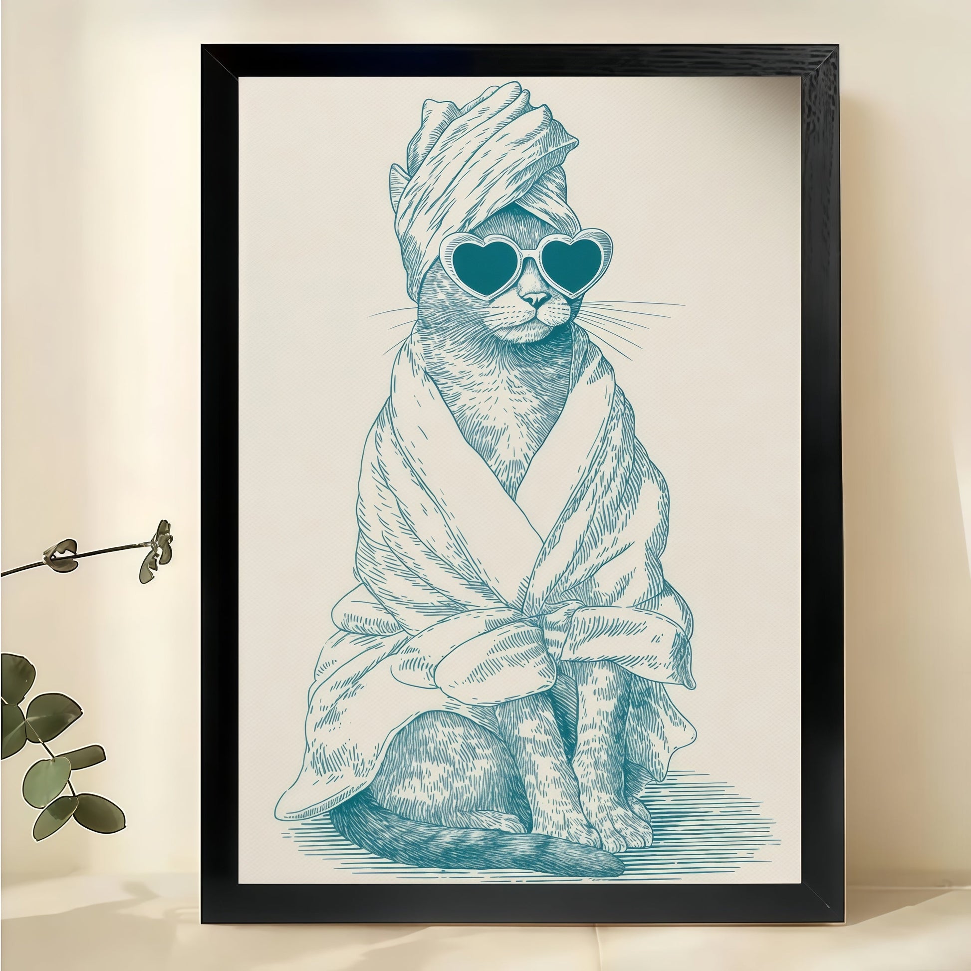 Spa Cat in Robe – Whimsical Cat Self-Care Wall Art on Natural Wood Canvas