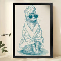 Spa Cat in Robe – Whimsical Cat Self-Care Wall Art on Natural Wood Canvas