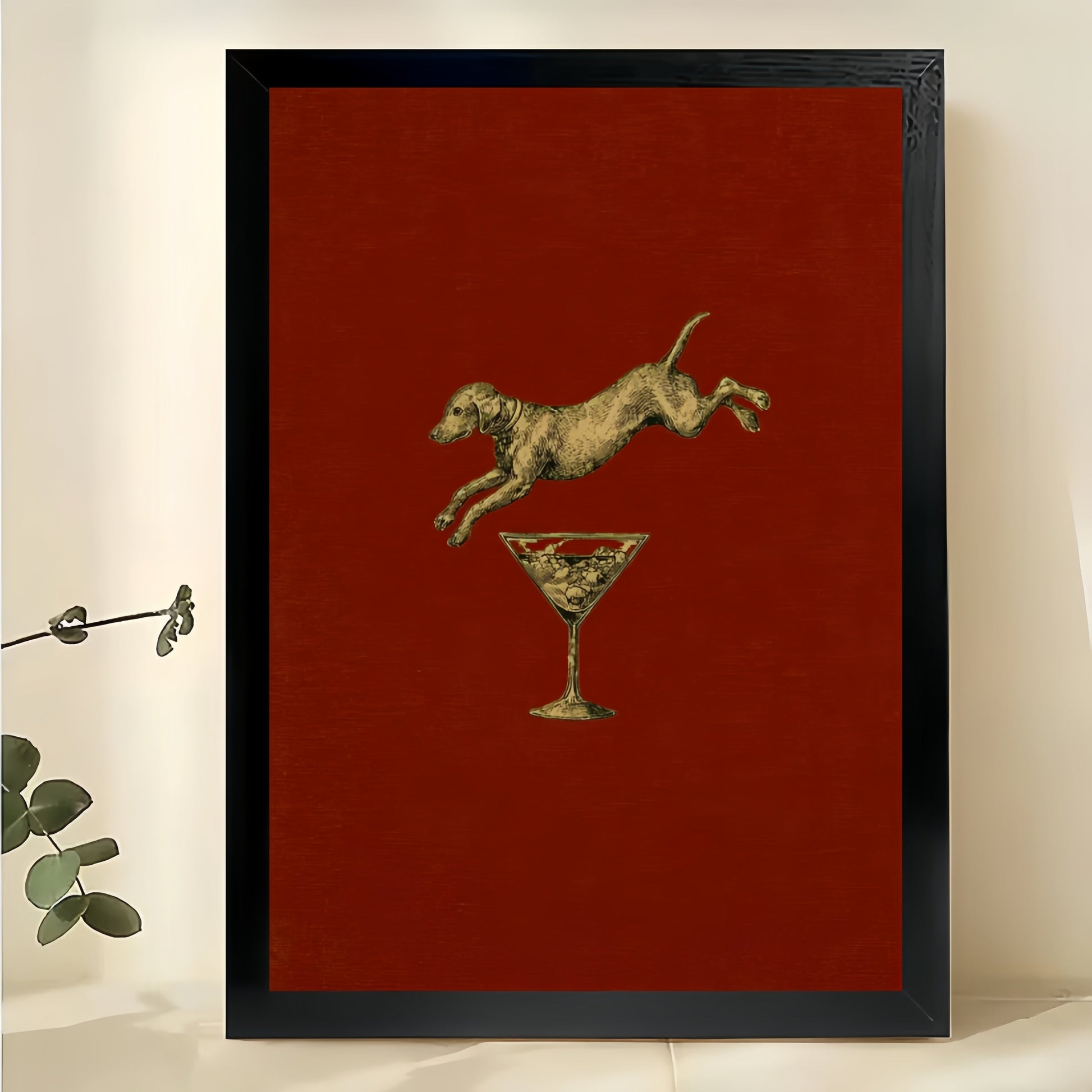 Dog Jumping Over Martini – Whimsical Retro Bar Dog Wall Art on Natural Wood Canvas