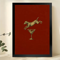 Dog Jumping Over Martini – Whimsical Retro Bar Dog Wall Art on Natural Wood Canvas