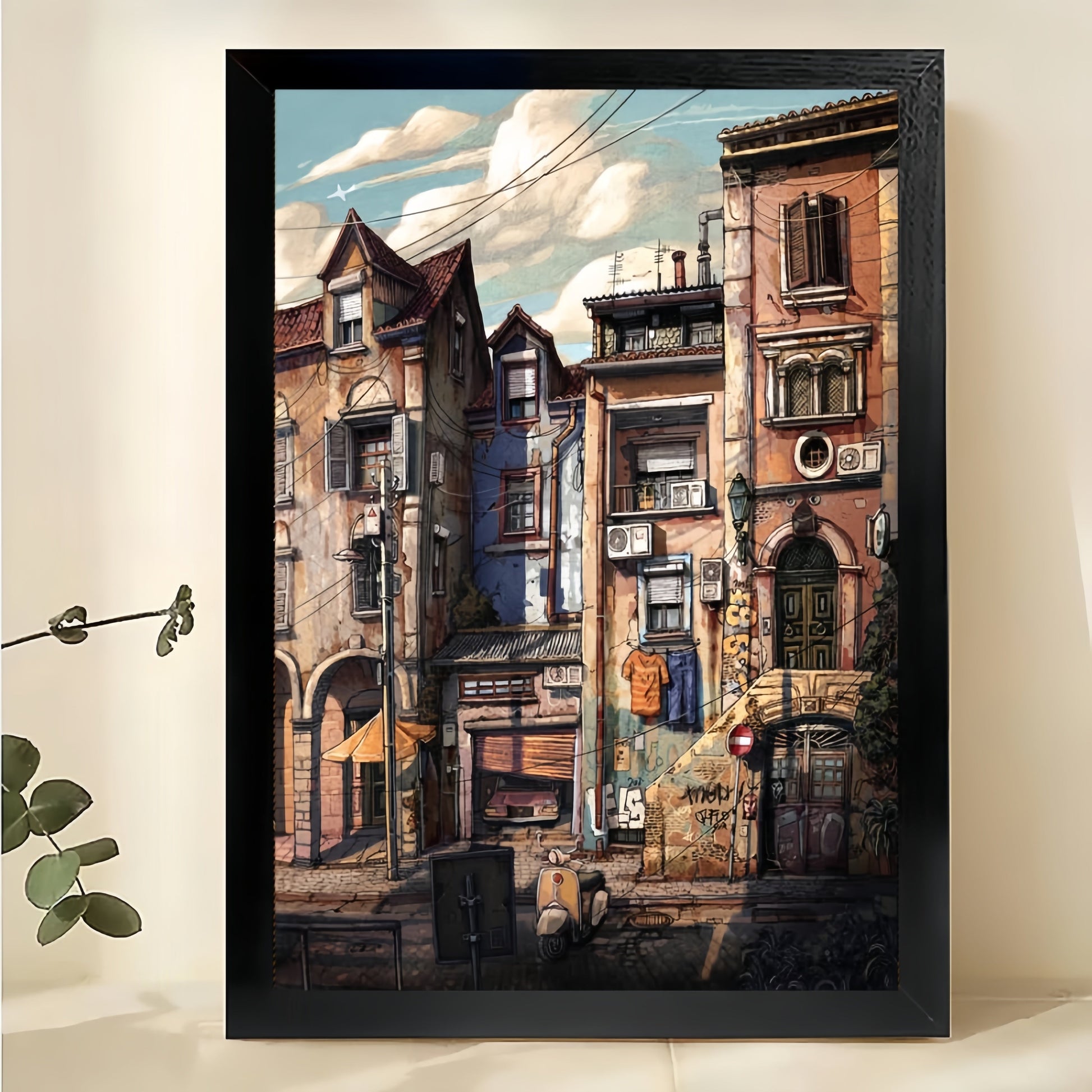 The Vintage European Streetscape – Nostalgic Urban Wall Art on Natural Wood Canvas