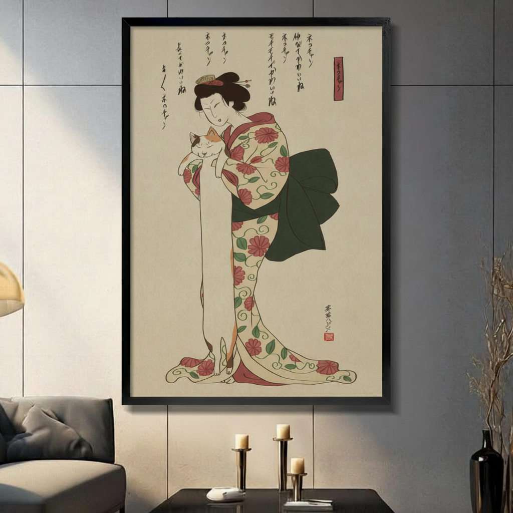 Japanese Ukiyo-e Woman Cat Canvas Art Wall Art
