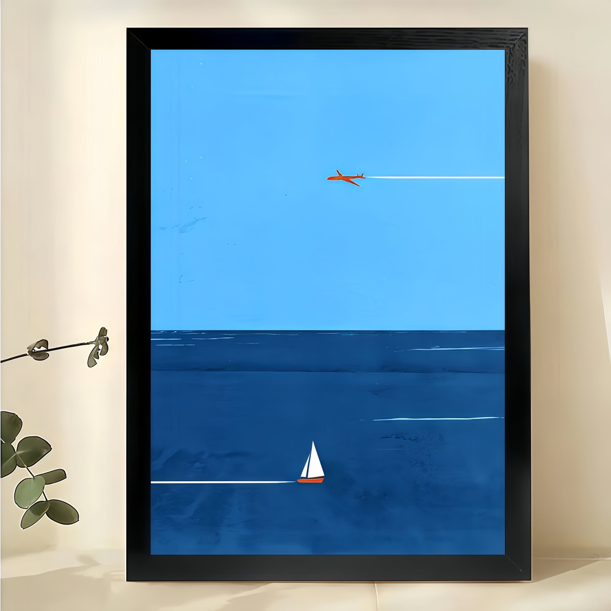 Minimalist Ocean, Sailboat Airplane – Calm Coastal Wall Art on Natural Wood Canvas