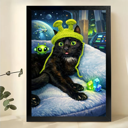 Alien-Themed Black Cat – Sci-Fi Whimsical Wall Art on Natural Wood Canvas