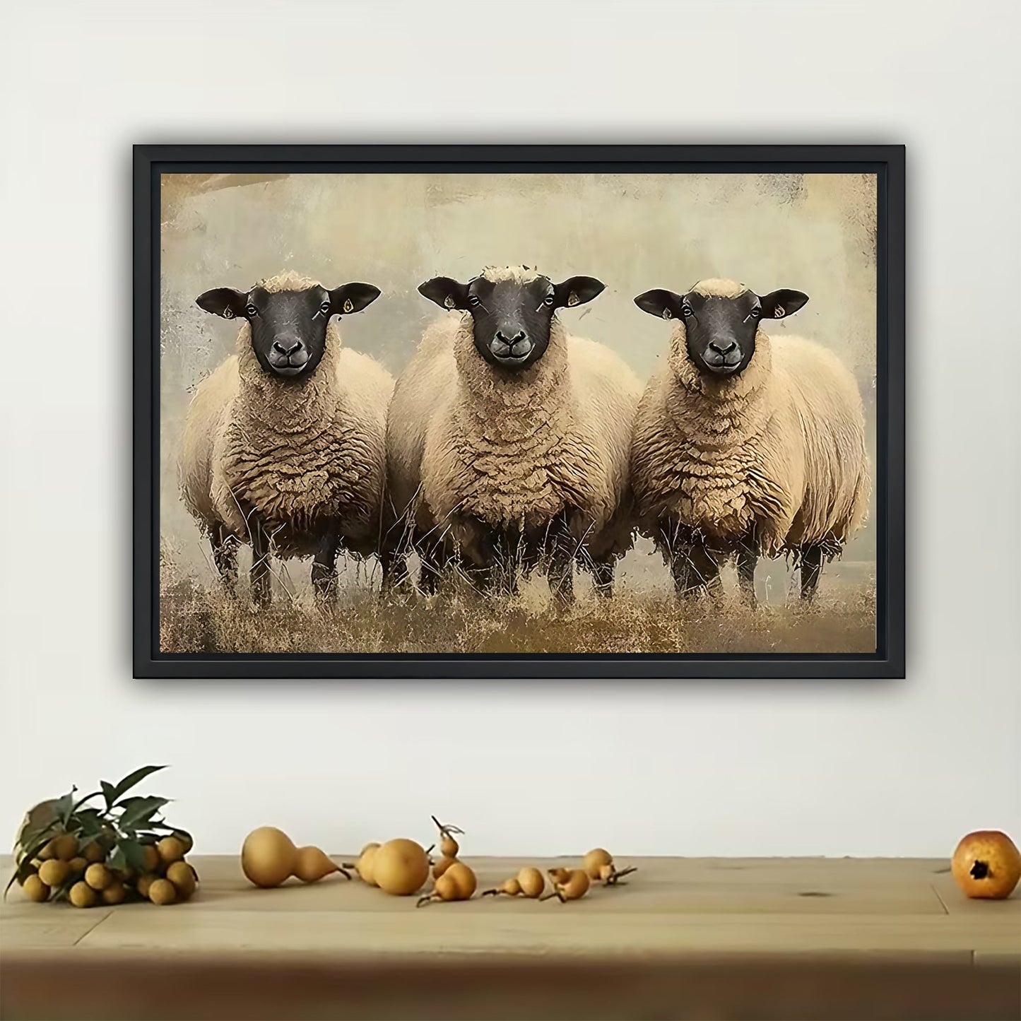 Three Flock Sheep – Countryside Farm Animal Wall Art on Natural Wood Canvas