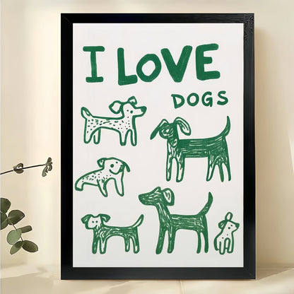 I Love Dogs Retro Dog Silhouettes – Whimsical Dog Wall Art on Natural Wood Canvas