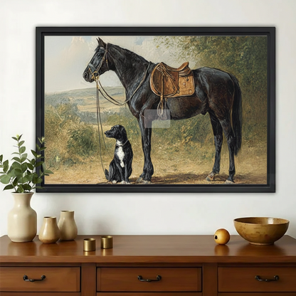 Black Horse with Puppy in Pasture – Heartwarming Countryside Wall Art on Natural Wood Canvas