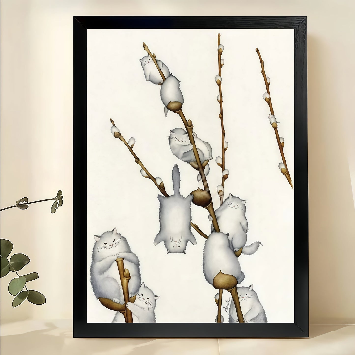 Fluffy White Cats on Willow Branches – Whimsical Cat Wall Art on Natural Wood Canvas