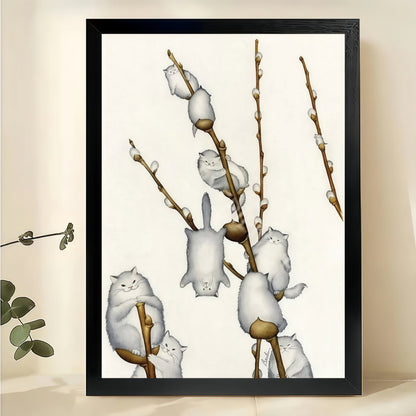 Fluffy White Cats on Willow Branches – Whimsical Cat Wall Art on Natural Wood Canvas