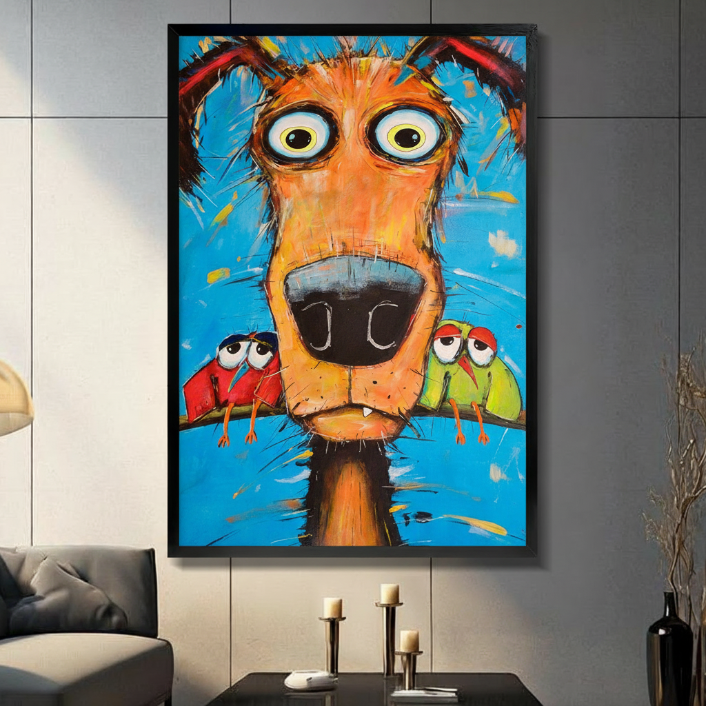 Goofy Dog with Parrots Impasto Canvas Wall Art