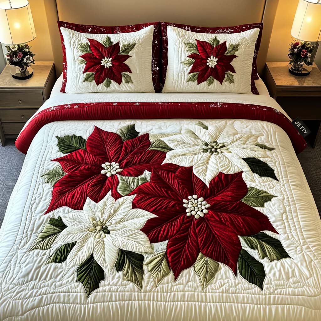 Single (59'' x 70'') /Winter Poinsettia Magic 3-Piece Quilted Bedding Set