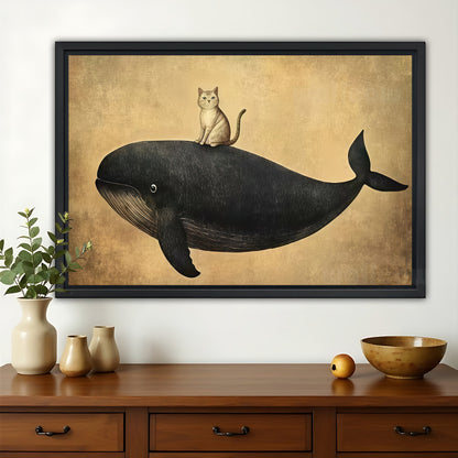 The Minimalist Floating Black Whale – Calm Modern Wall Art on Natural Wood Canvas