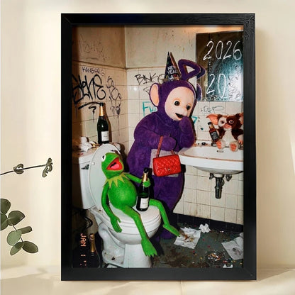 Kermit & Teletubby on Toilet – Humorous Pop Culture Parody Wall Art on Natural Wood Canvas