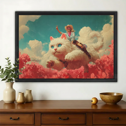 Cowgirl Riding Giant Fluffy Cat Wall Art – Whimsical Surreal Cat Canvas Print on Natural Wood Frame