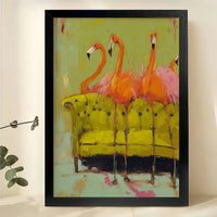 Flamingos on Green Sofa Wall Art – Quirky Abstract Bird Canvas Print on Natural Wood Frame