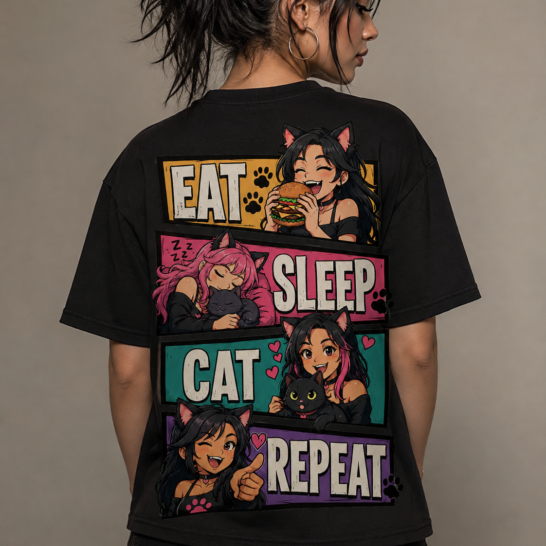 EAT SLEEP CAT REPEAT Basic Shirt Unisex (BACKPRINT)