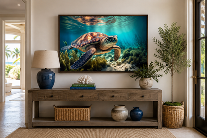 Sea Turtle In Coral Reef Underwater Canvas Wall Art