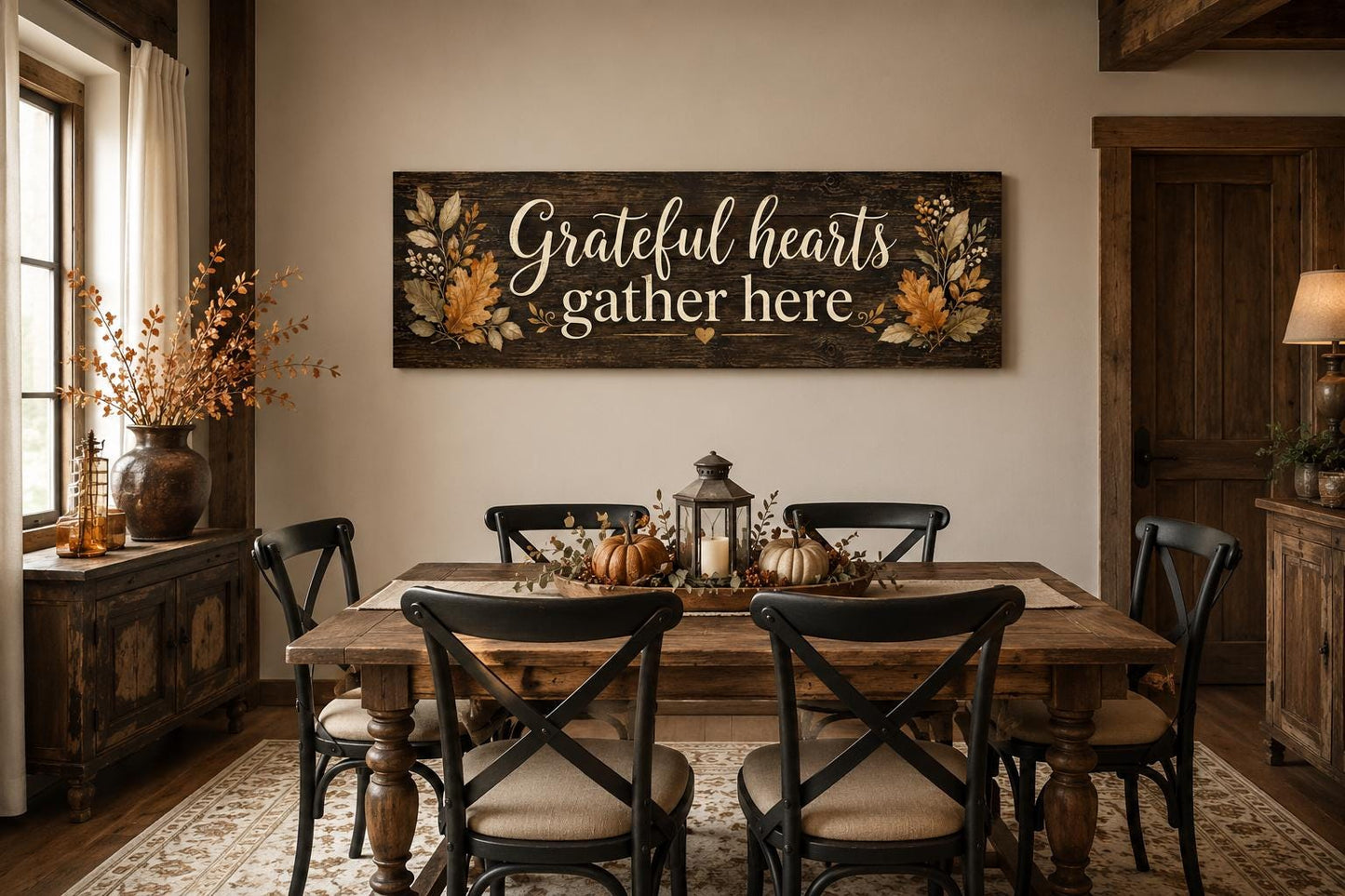 Grateful Hearts Gather Here Thanksgiving Fall Farmhouse Sign For Dining Room Canvas Wall Art