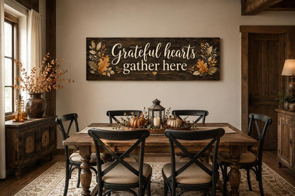 Grateful Hearts Gather Here Thanksgiving Fall Farmhouse Sign For Dining Room Canvas Wall Art