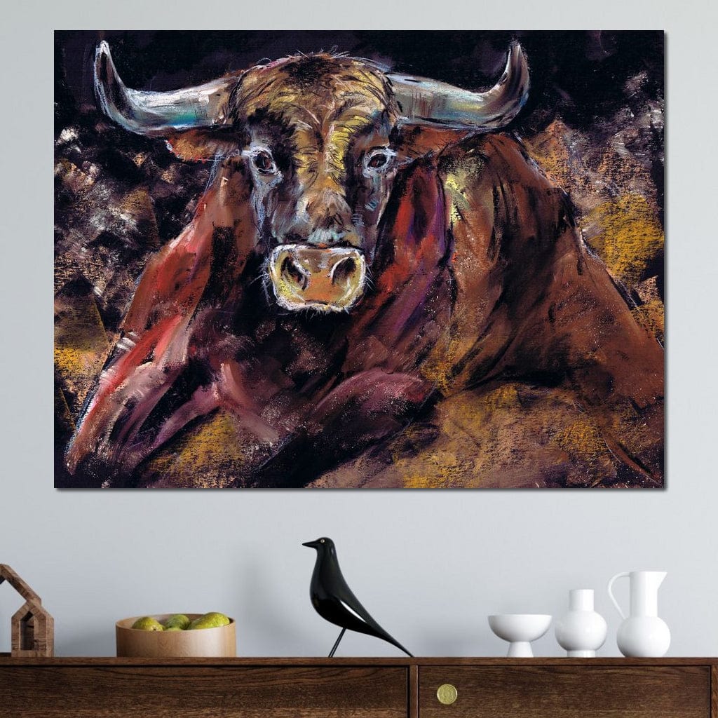 Brown Bull Charge Canvas Wall Art
