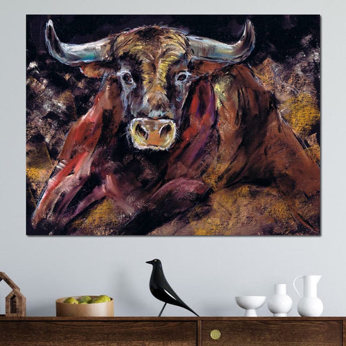 Brown Bull Charge Canvas Wall Art