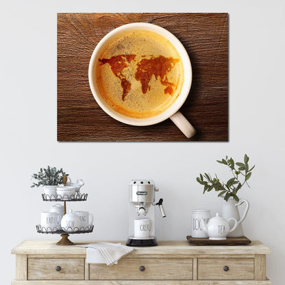 World Map Coffee Cup Canvas Wall Art