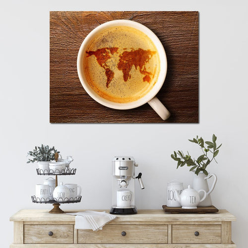 World Map Coffee Cup Canvas Wall Art