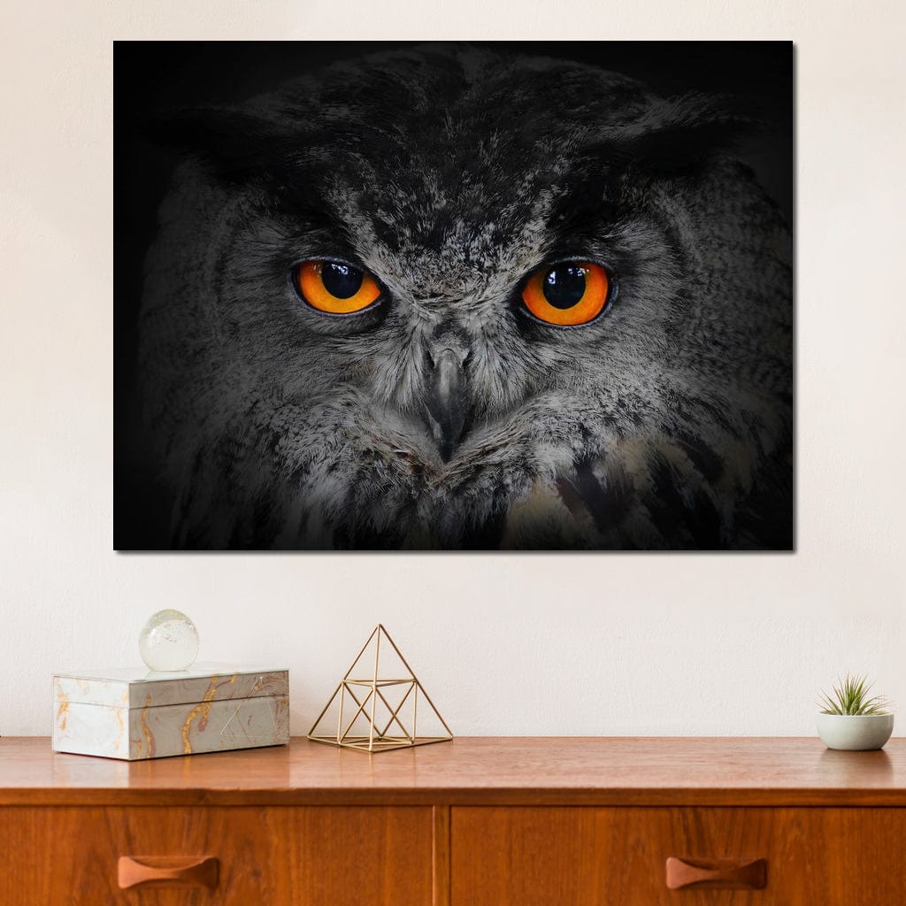 Black & White Owl with Orange Eyes Canvas Wall Art