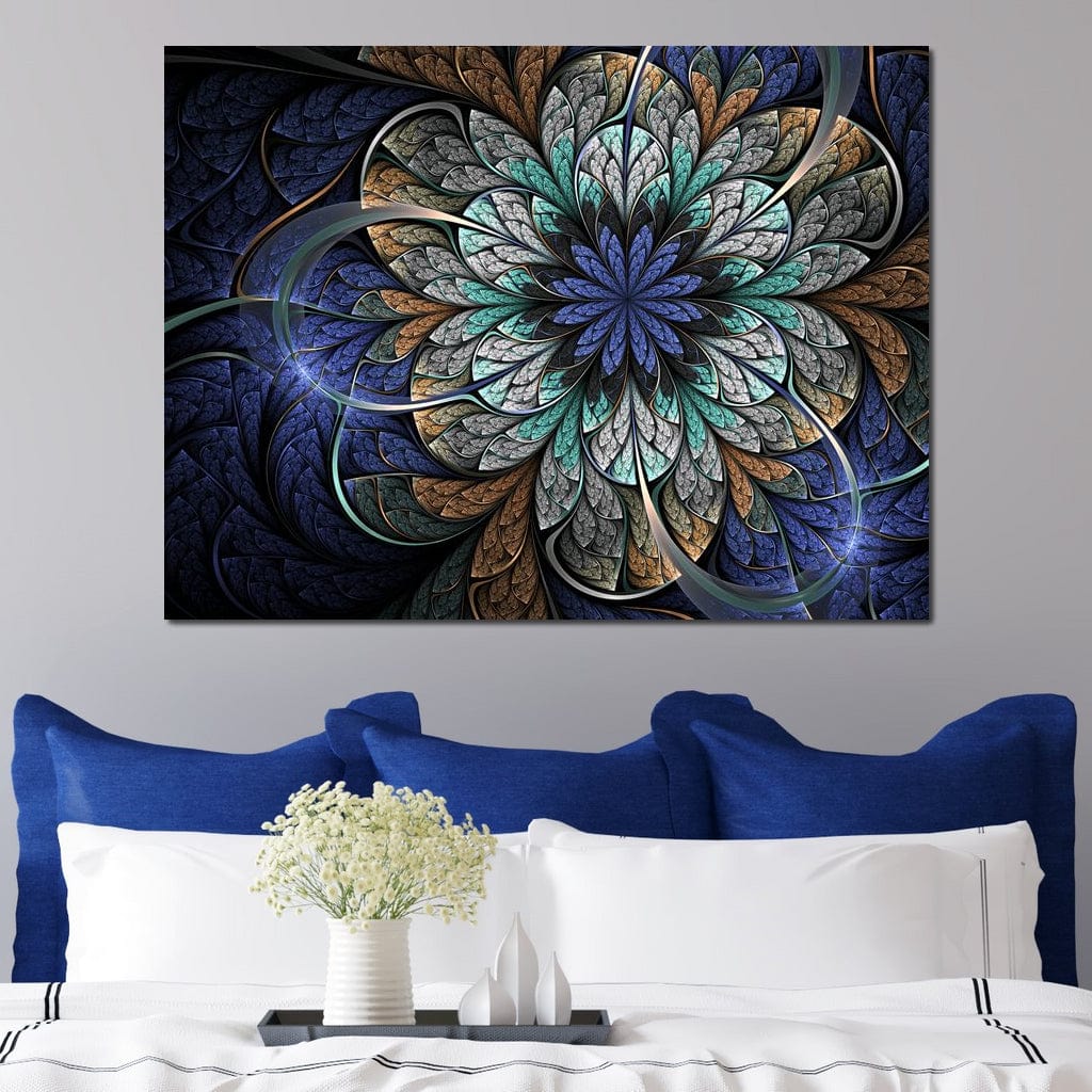 Blue and Gold Fractal Flower Canvas Wall Art