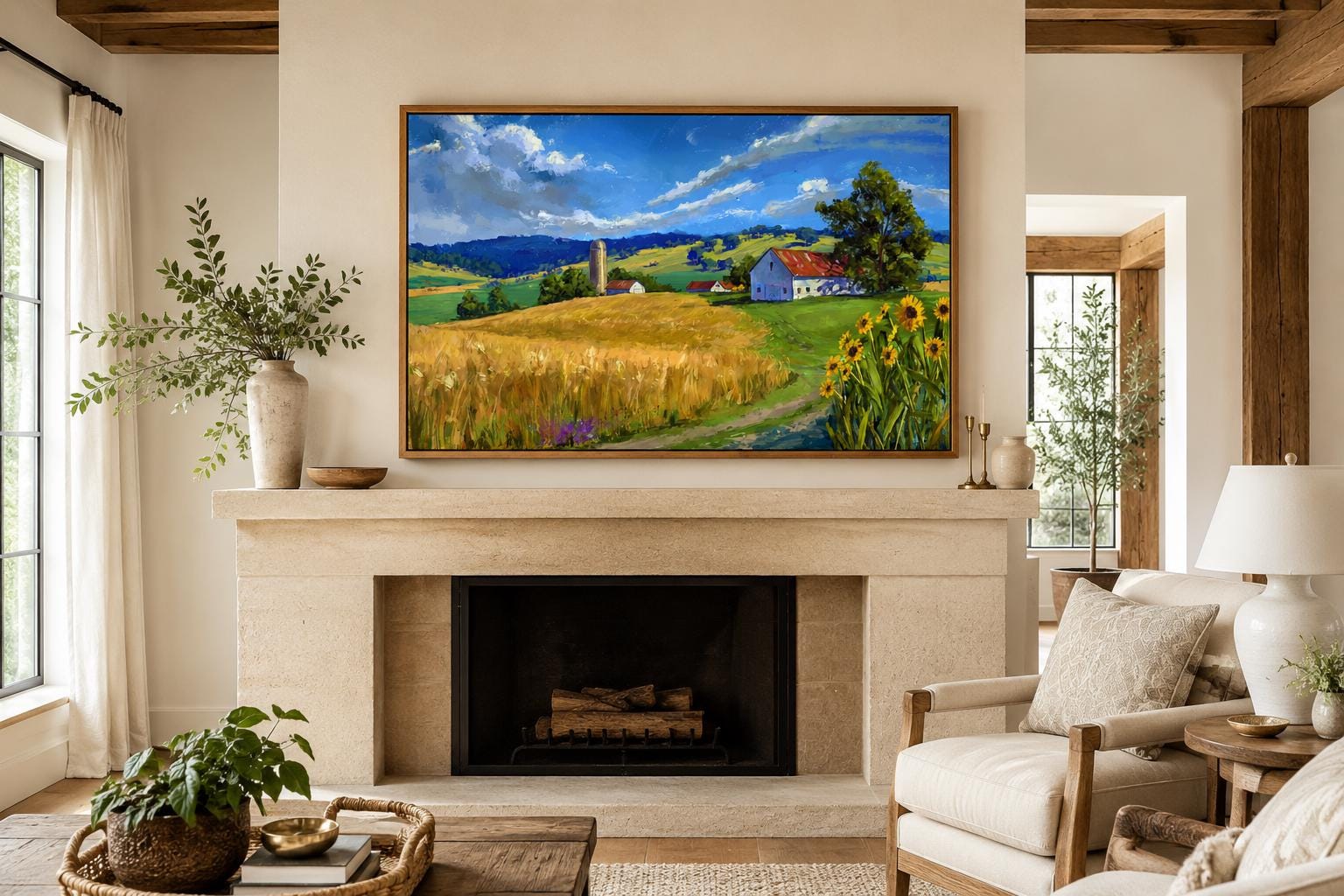 Farmhouse Landscape Wall Art - Impressionist Wheat Field with Sunflowers Canvas Print