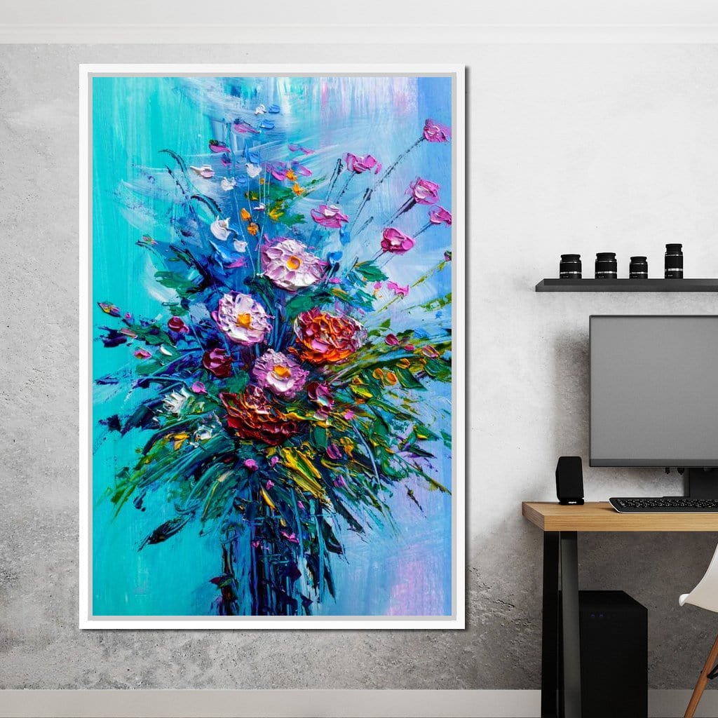 Bouquet of Flowers on Blue Background Canvas Wall Art