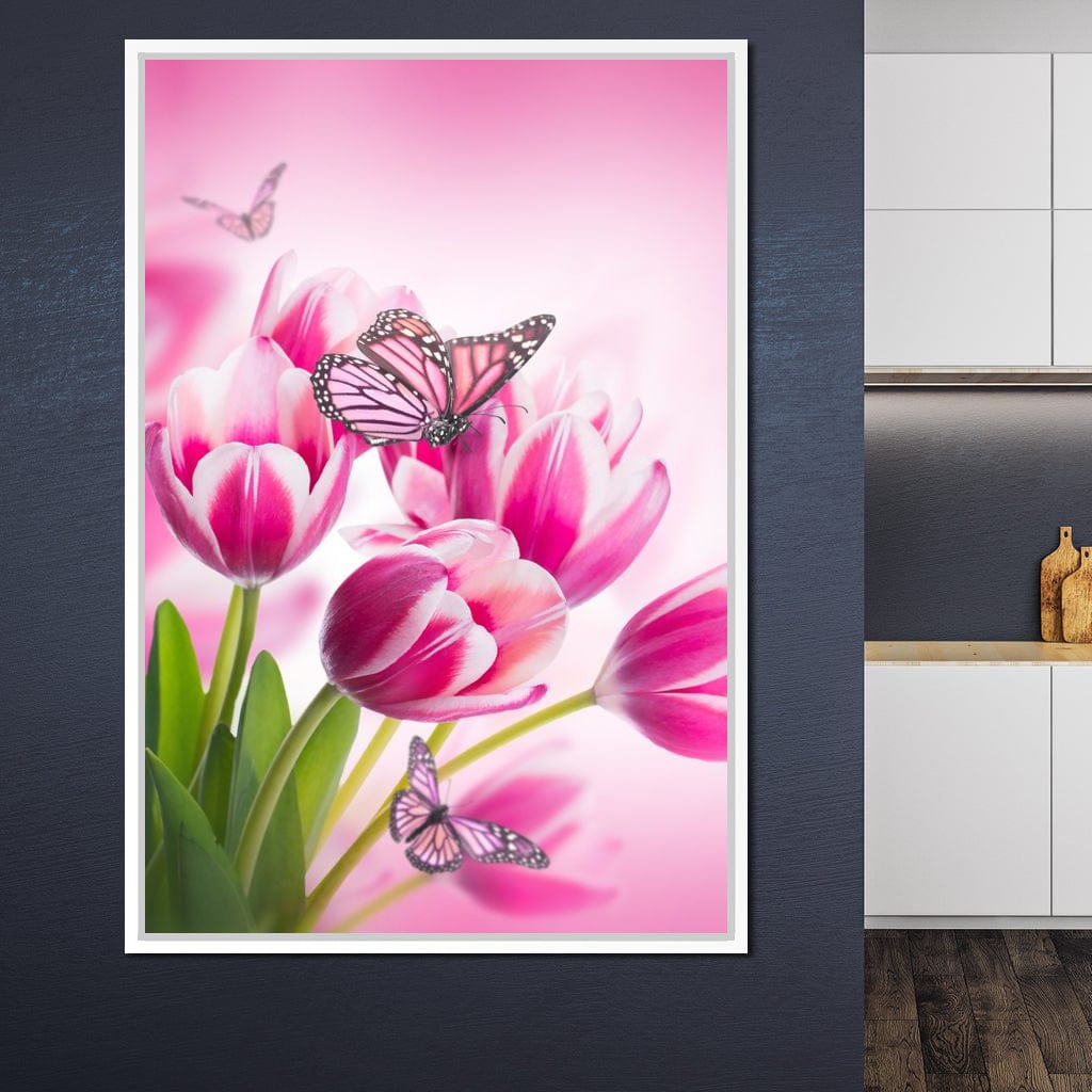 Bouquet of Pink Tulips & Butterflies Canvas Wall Art