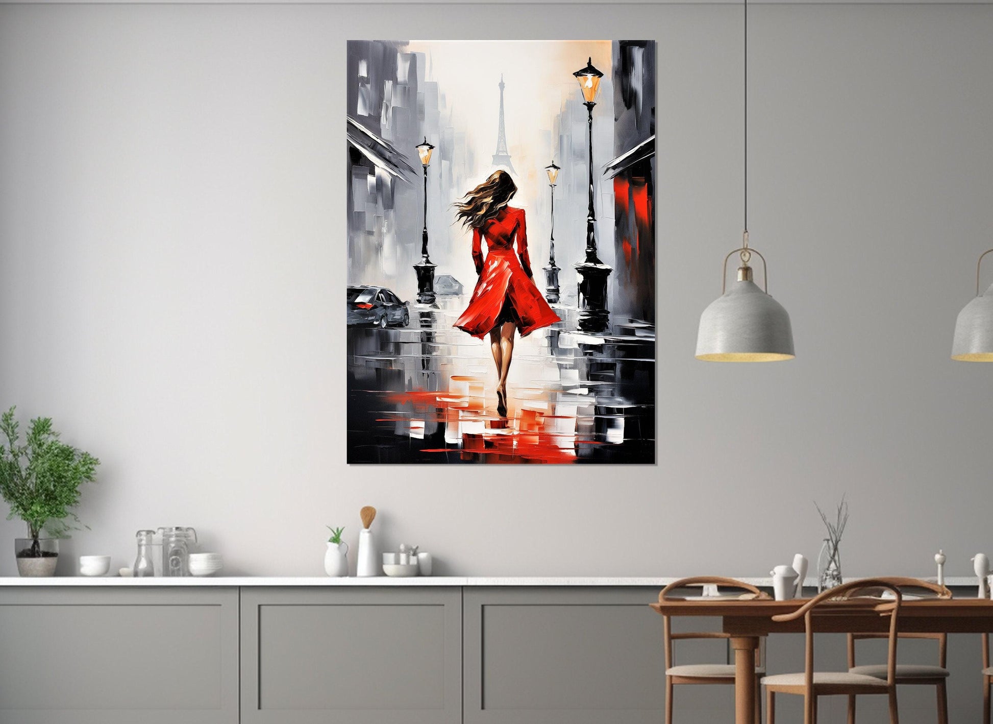 Paris Canvas Print – Abstract Lady in Red with Eiffel Tower | Ready to Hang