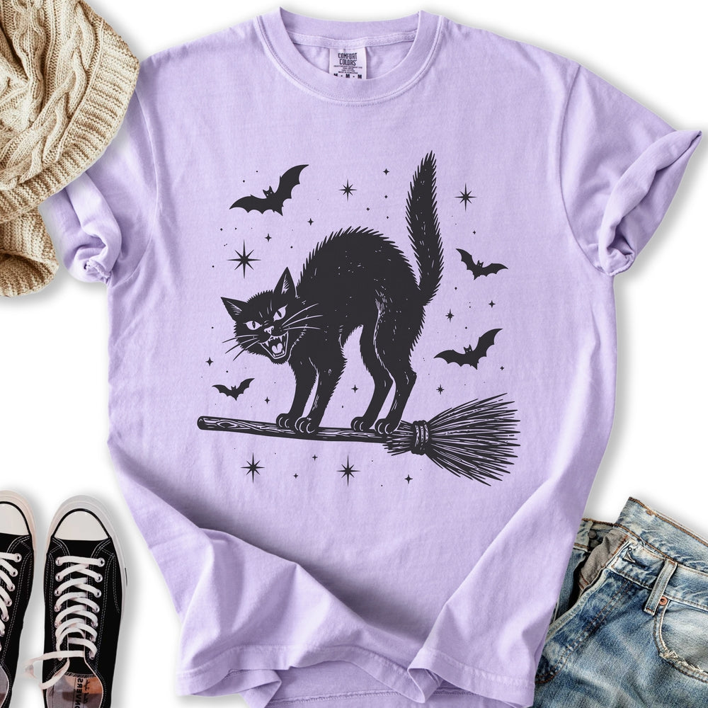 Black Cat On Broomstick Relaxed Tee