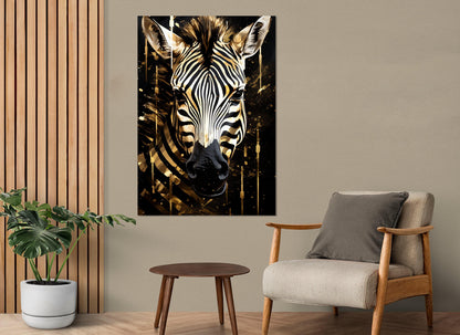 Zebra Canvas Print – Abstract Black Gold Art | Framed Vertical Portrait