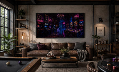 Spooky Halloween Arcade with Ghost and Pinball Machines in Neon Purple, Man Cave Game Room Wall Art