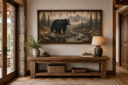 Black Bear Wall Art - Rustic Cabin Decor Canvas Print for Mountain Lodge