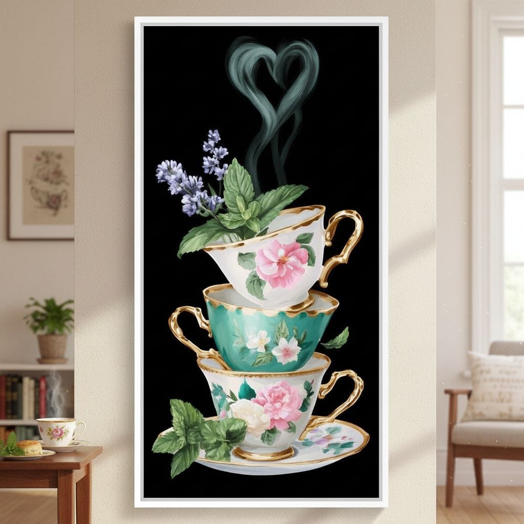 Golden Teacups Botanical Romance Canvas Wall Art