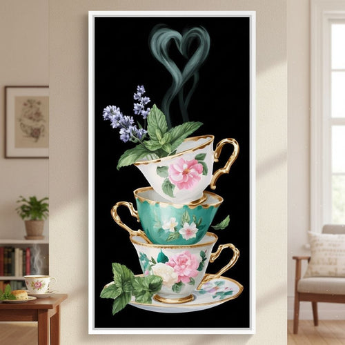 Golden Teacups Botanical Romance Canvas Wall Art