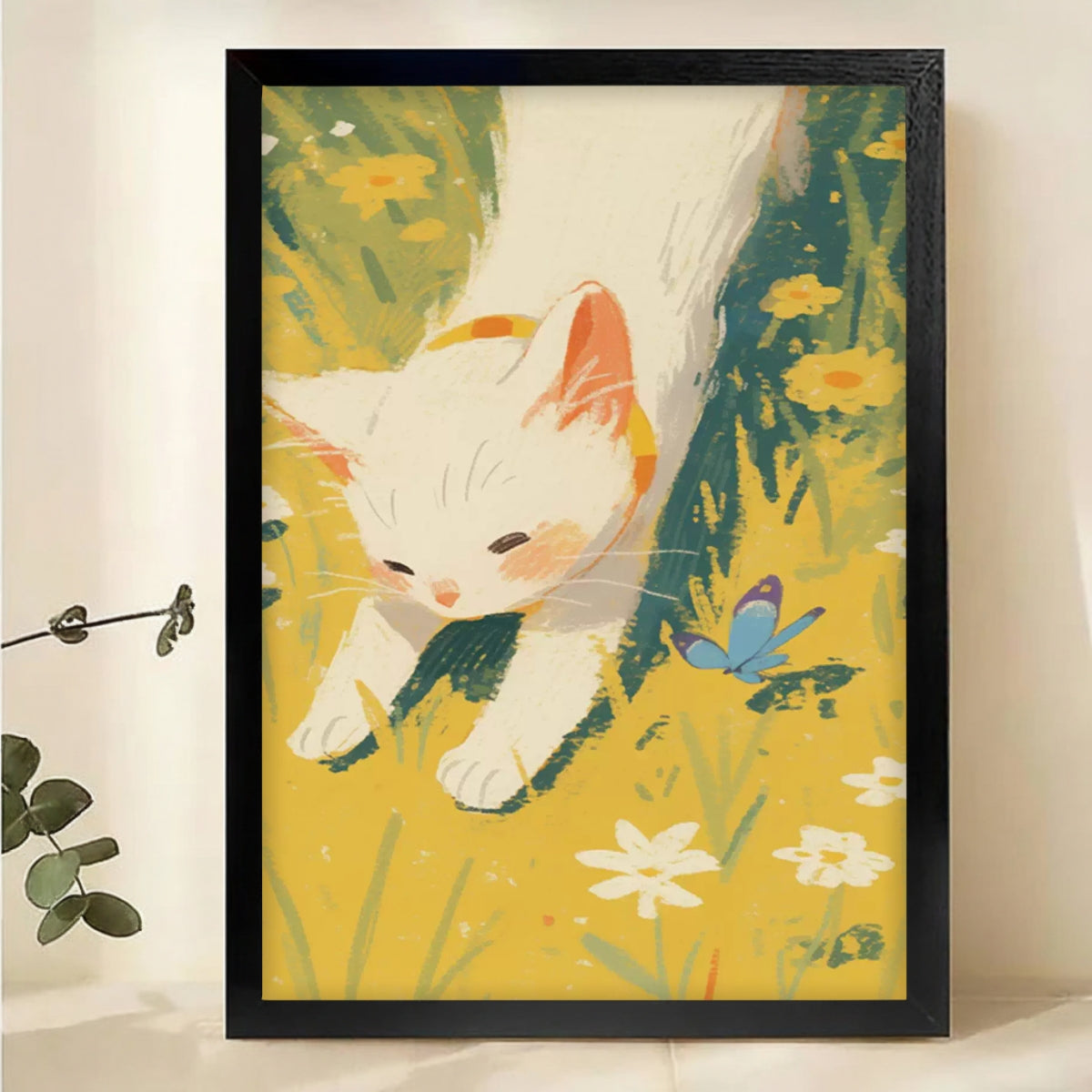 White Cat in Garden Wall Art - Impressionist Style Canvas Print