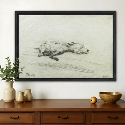 Flying Badger Vintage Sketch Wall Art – Antique Charcoal Study Canvas Print on Natural Wood Frame