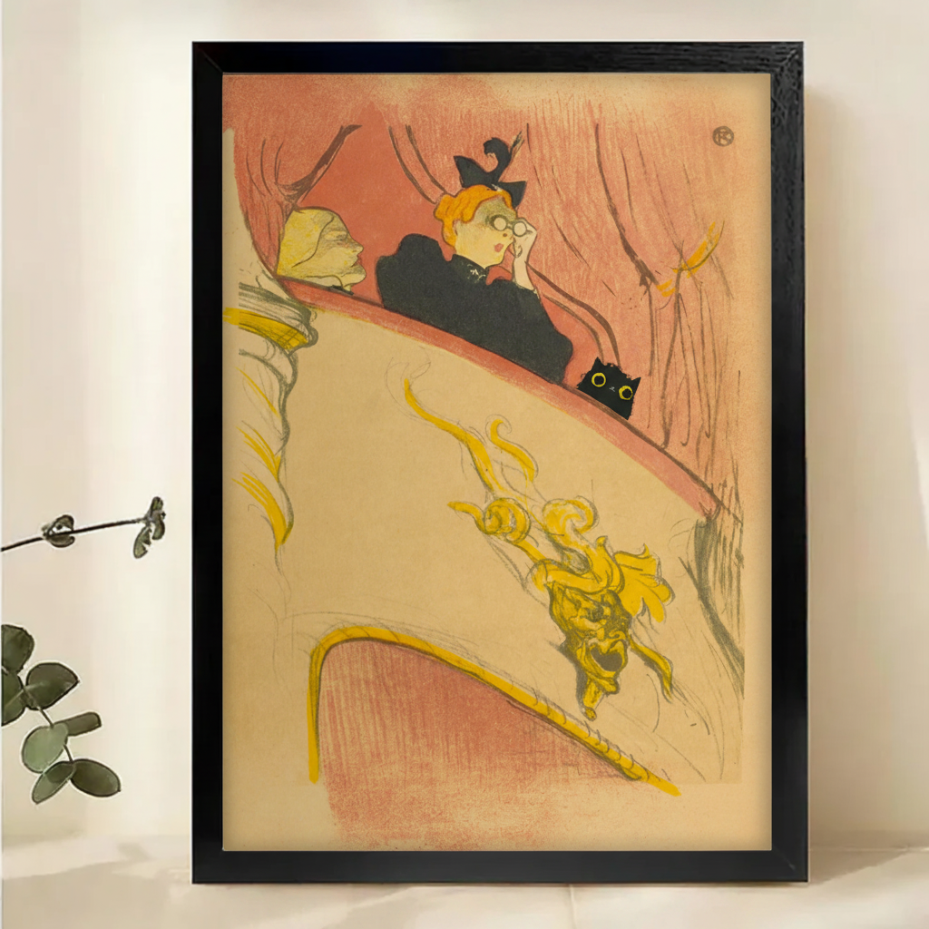 Black Cat at the Theatre Lautrec-Style Wall Art – Vintage French Art Cat Canvas Print on Natural Wood Frame